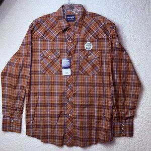 Wrangler Western Shirt Large Red Orange Pearl Snap Plaid Wash-N-Wear Rodeo NWT